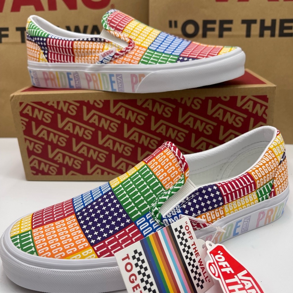 Vans Men's Shoes - Multicolor Classic Slip-On (Pride) Multi/True White Sneakers - Picture 12 of 16